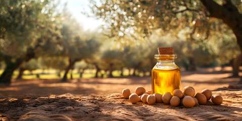 Obraz premium Argan Oil Bottle and Fruit with Argan Tree in the Background for a Natural Setting