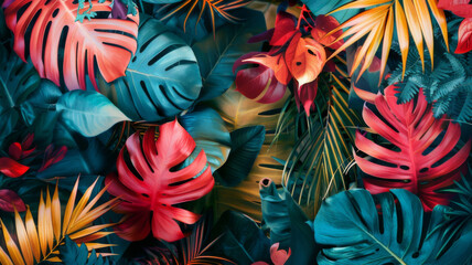 Bright collage with exotic  tropical leaves. Floral decoration. Abstract nature background