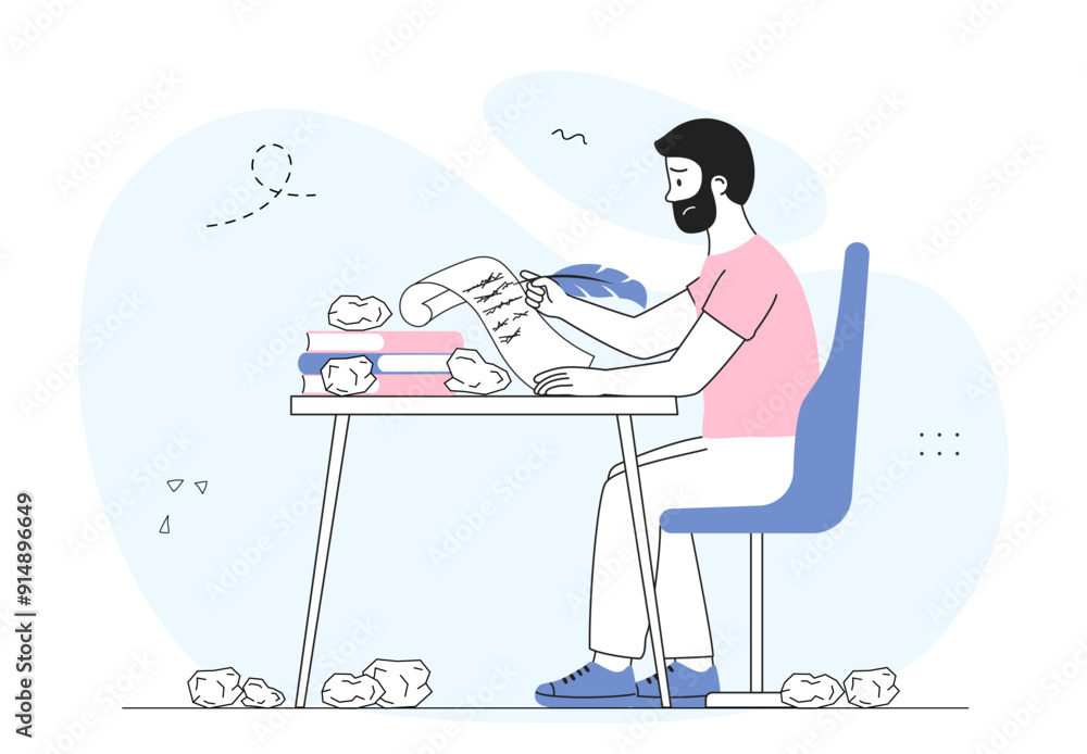 Poster man without inspiration. sad writer sits at table with pen and paper. young guy doesnt know what to 