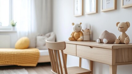 A Child's Room with a Wooden Desk and Stuffed Animals