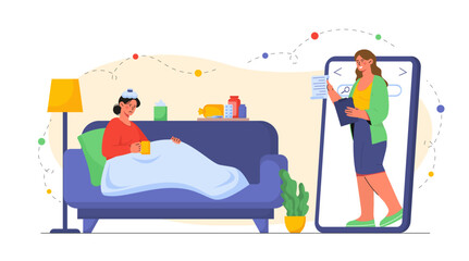 Woman with online doctor. Young girl lies on sofa with hot drink and listens to doctor consultations. Diagnosis and treatment. Patient with cold and flu. Flat vector illustration