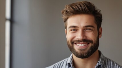Fototapeta premium portrait of a man | Head shot portrait smiling confident millennial man looking at camera, standing at home, happy positive bearded young male, businessman or freelancer posing for photo, profile pict