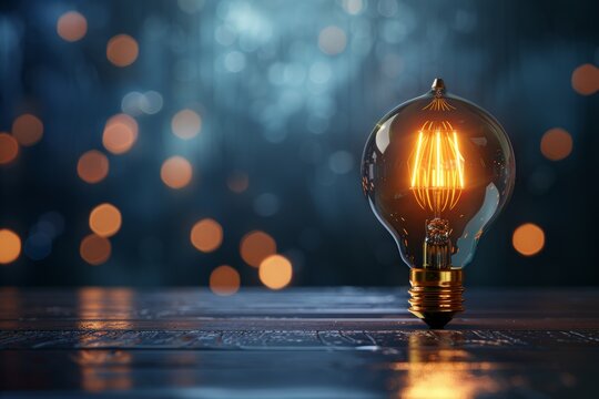 Close up of glowing incandescent light bulb on dark blue background for captivating imagery