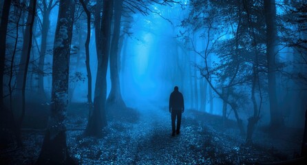 Solitary Figure Walking Through a Misty Blue Forest