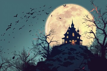 Fototapeta premium An old, spooky house on top of a hill with a full moon