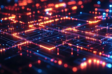 Obraz premium Blockchain network visualization, glowing neon circuits, dark background, digital currency