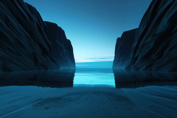 Mystical glowing blue sea between dark cliffs.