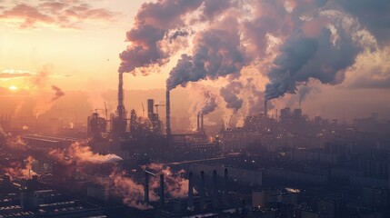 Fototapeta premium Industrial landscape at sunset with smoke emissions from multiple factory chimneys, highlighting air pollution and environmental impact.