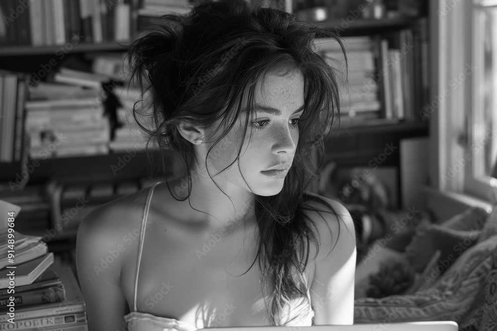 Wall mural black and white portrait of a young woman with messy hair, sitting in a cozy room filled with books,