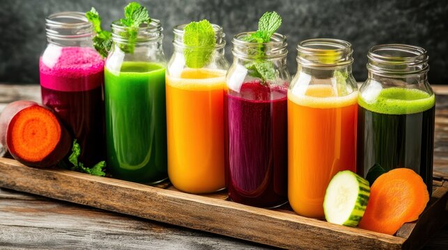 Colorful Assortment of Freshly Made Vegetable and Fruit Juices in Glass Bottles with Fresh Ingredients
