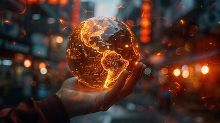 A man holds a globe that connects a network of information forwarding to the world, quick and easy forwarding information