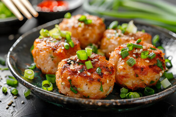 Fototapeta premium Fried Fish Cakes with Sesame Seeds and Green Onions - Food Photo