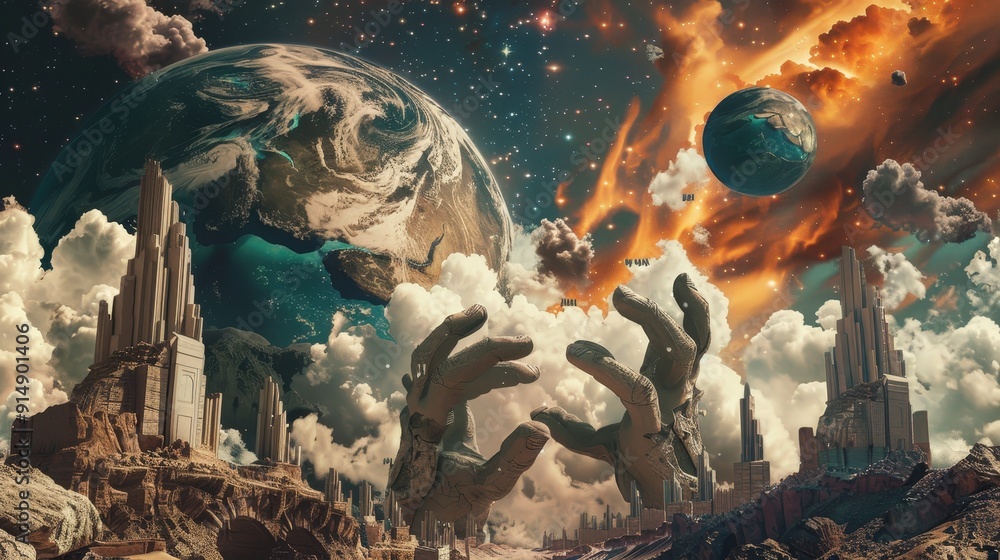 Aufkleber create a digital artwork series depicting surreal scenes where oversized hands interact with natural