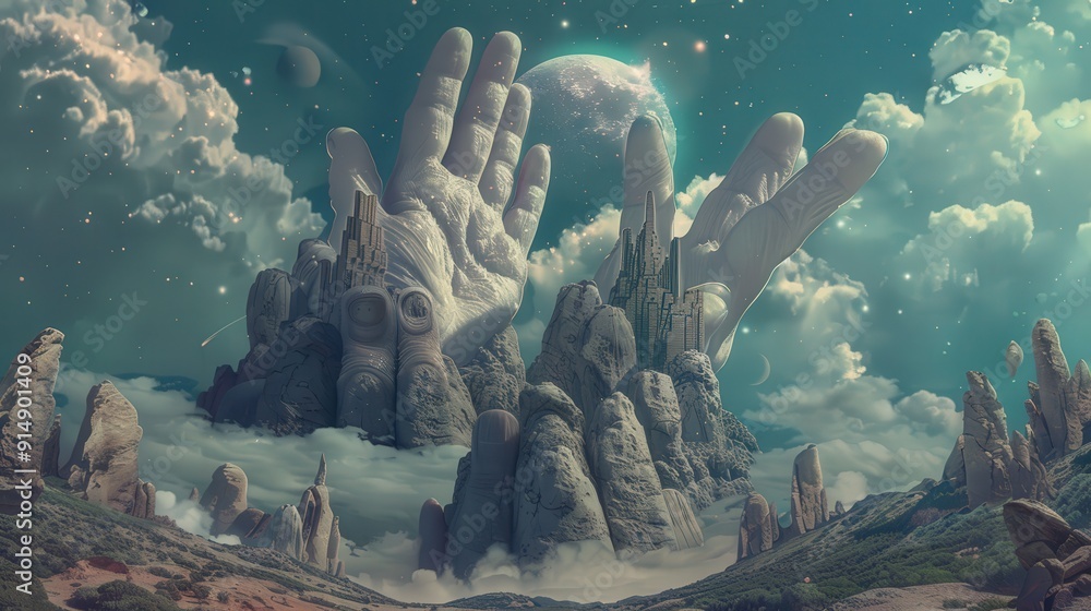 Poster create a digital artwork series depicting surreal scenes where oversized hands interact with natural