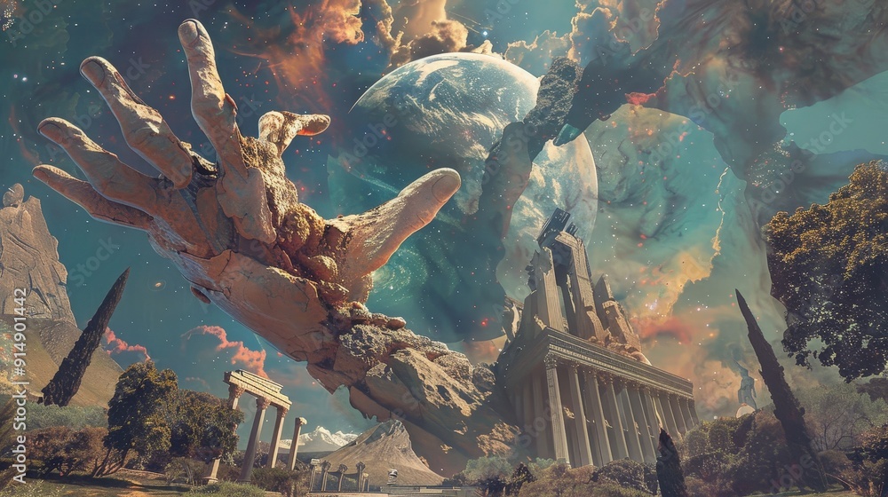 Aufkleber create a digital artwork series depicting surreal scenes where oversized hands interact with natural