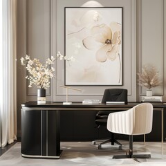 A modern office design showcasing a sleek black desk, elegant chair, and floral decor for a serene work environment.