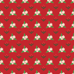 Flat christmas pattern design with leaves and mistletoe