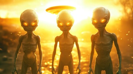 Three extraterrestrial creatures illuminated by bright light, with a flying saucer in the background