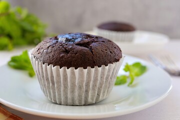 Coffee break chocolate cupcake on white background