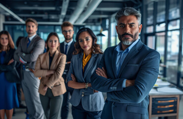 Obraz premium businessman in prime stands proudly with team, embodying essence of corporate success and unity, highlights dynamic group ready to tackle new business ventures and achieve goals.