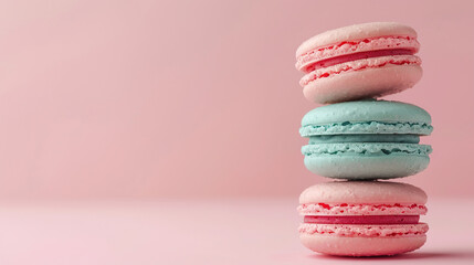 Stack macaroons isolated in pink background, copy space