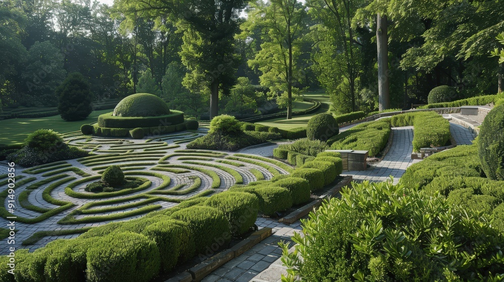 Poster geometric patterns in environmental design. describe a landscape or garden design that incorporates 