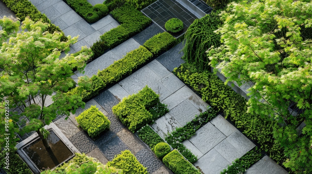Poster geometric patterns in environmental design. describe a landscape or garden design that incorporates 
