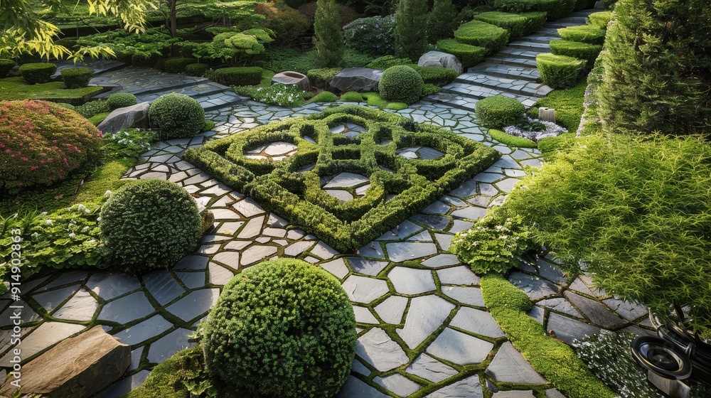 Poster geometric patterns in environmental design. describe a landscape or garden design that incorporates 