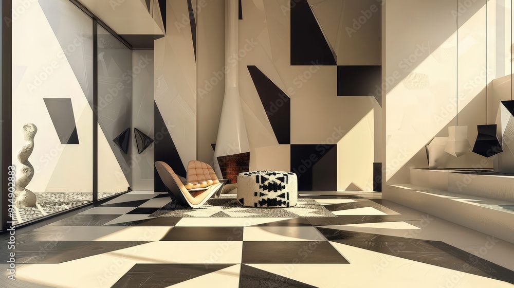 Poster geometric patterns in interior design. describe a room or space decorated with geometric patterns. h