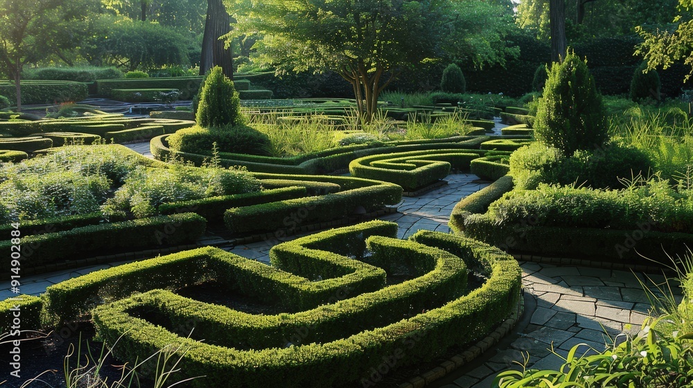 Poster geometric patterns in environmental design. describe a landscape or garden design that incorporates 