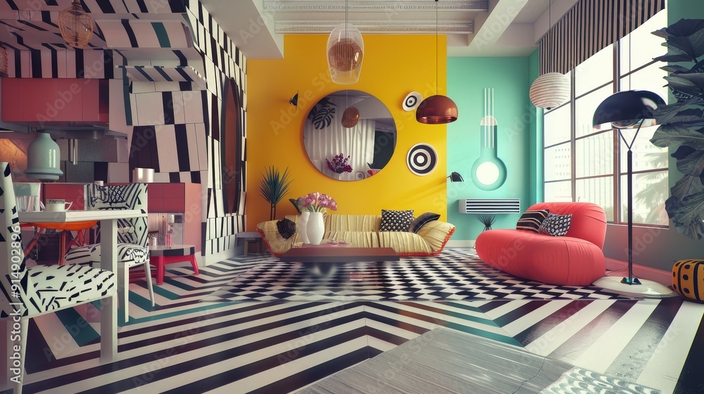 Poster geometric patterns in interior design. describe a room or space decorated with geometric patterns. h