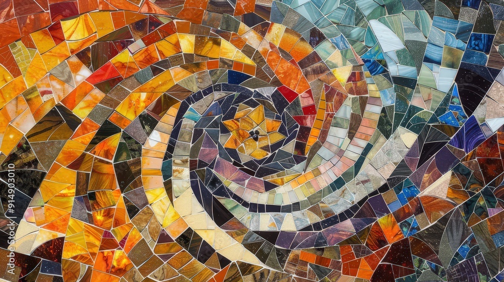 Poster Geometric patterns in mosaic art. Describe a mosaic artwork that features geometric patterns. What materials and techniques are used to create these stunning visual compositions
