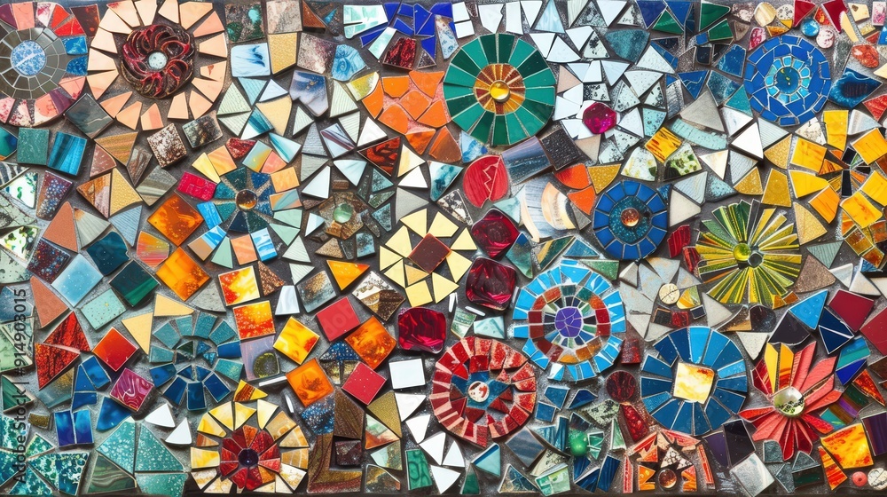 Poster geometric patterns in mosaic art. describe a mosaic artwork that features geometric patterns. what m