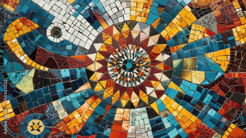 Poster geometric patterns in mosaic art. describe a mosaic artwork that features geometric patterns. what m