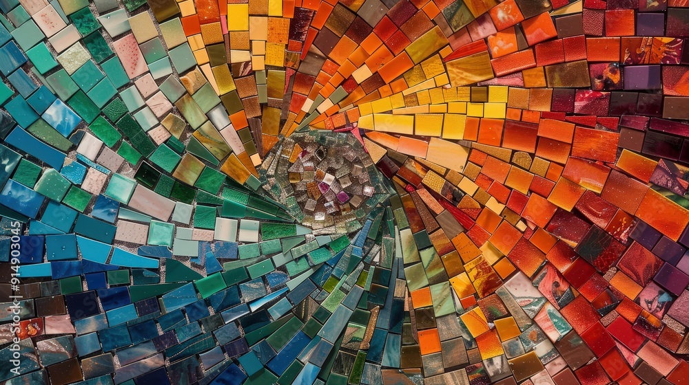 Poster Geometric patterns in mosaic art. Describe a mosaic artwork that features geometric patterns. What materials and techniques are used to create these stunning visual compositions