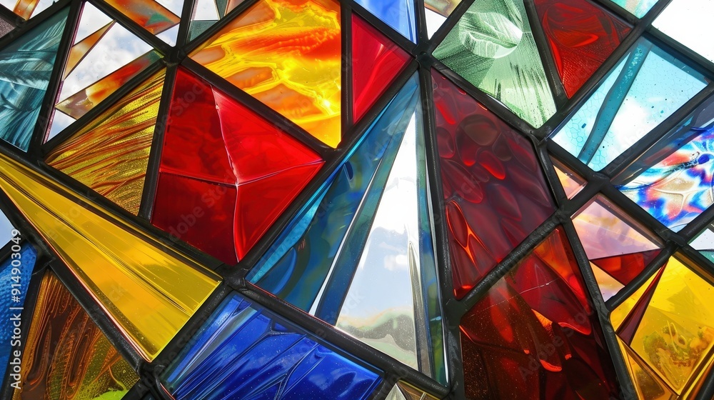 Poster geometric patterns in stained glass windows. describe a stained glass artwork that features geometri