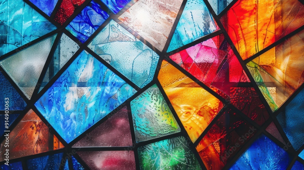 Poster geometric patterns in stained glass windows. describe a stained glass artwork that features geometri