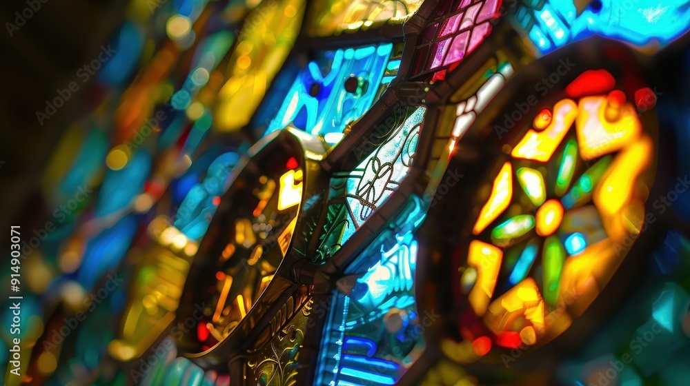 Poster geometric patterns in stained glass windows. describe a stained glass artwork that features geometri