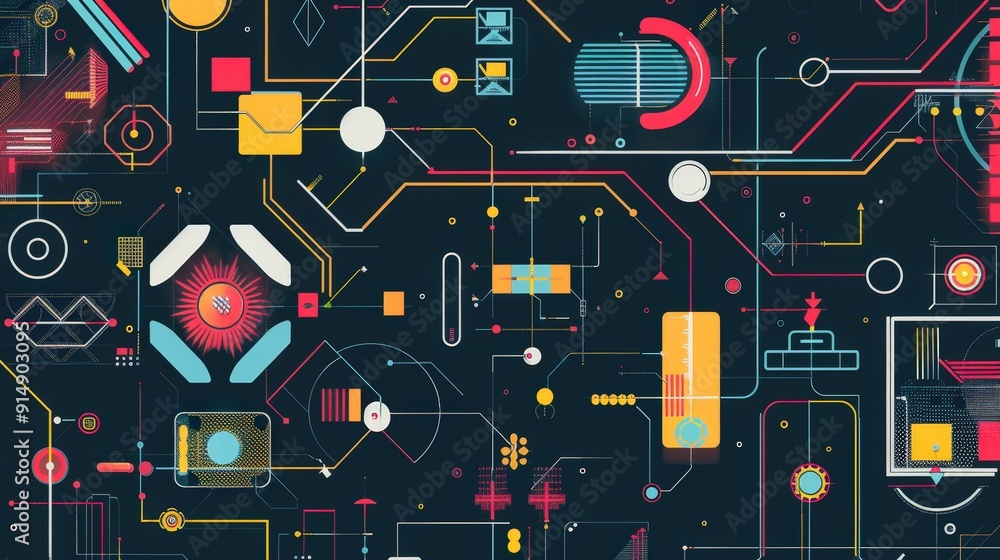 Poster geometric patterns in technology. discuss how geometric designs are utilized in digital interfaces o