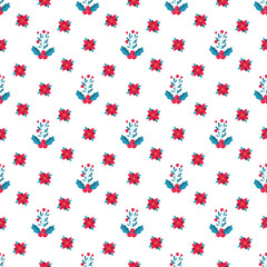 Flat christmas pattern design with leaves and mistletoe