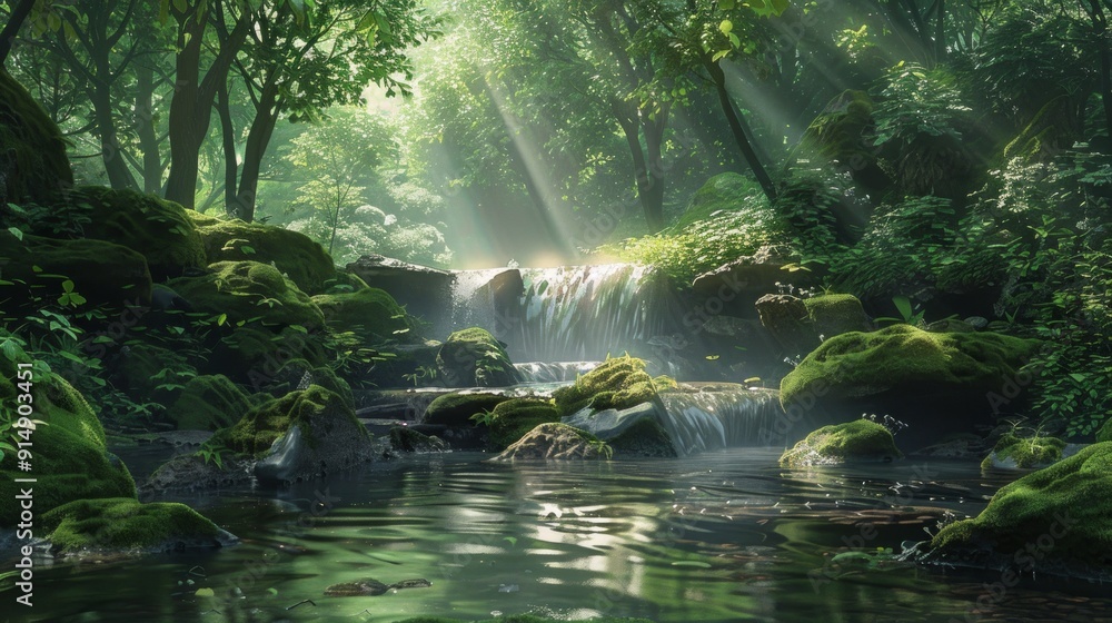 Poster sunlight filtering through a tranquil forest