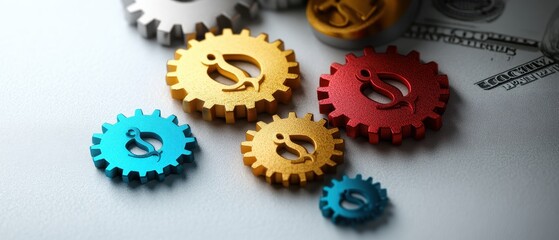 Colorful Metal Gears with Dollar Symbols Representing Financial Mechanisms and Economic Concepts