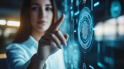 A woman uses fingerprint identification for personal access showcasing biometrics security and innovation technology concepts