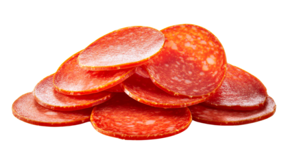 A vibrant pile of sliced pepperoni, ideal for enhancing pizzas, sandwiches, and charcuterie boards with delicious flavor.