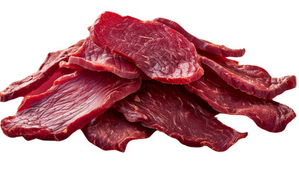 Fototapeta premium Close-up of a pile of delicious, dried beef slices, perfect for snacking or adding to dishes for extra flavor.
