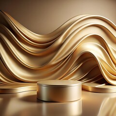 Luxurious golden fabric or cloth placed on a pedestal or blank podium shelf against