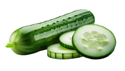 Fresh cucumber with slices on the side, showcasing its vibrant green color and juicy texture, perfect for healthy dishes.