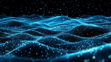 An image features horizontal lines of blue particles forming an undulating 3D landscape on a black background representing communication technology and an abstract digital interface