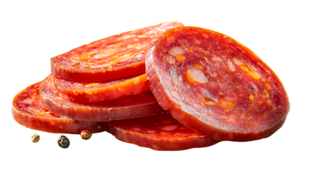 Sliced chorizo showcased with vibrant color and rich texture, perfect for culinary presentations and gourmet dishes.
