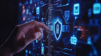Cybersecurity and internet data protection are depicted with a person touching a virtual shield symbolizing secure access encrypted connections passwordprotected systems and storage